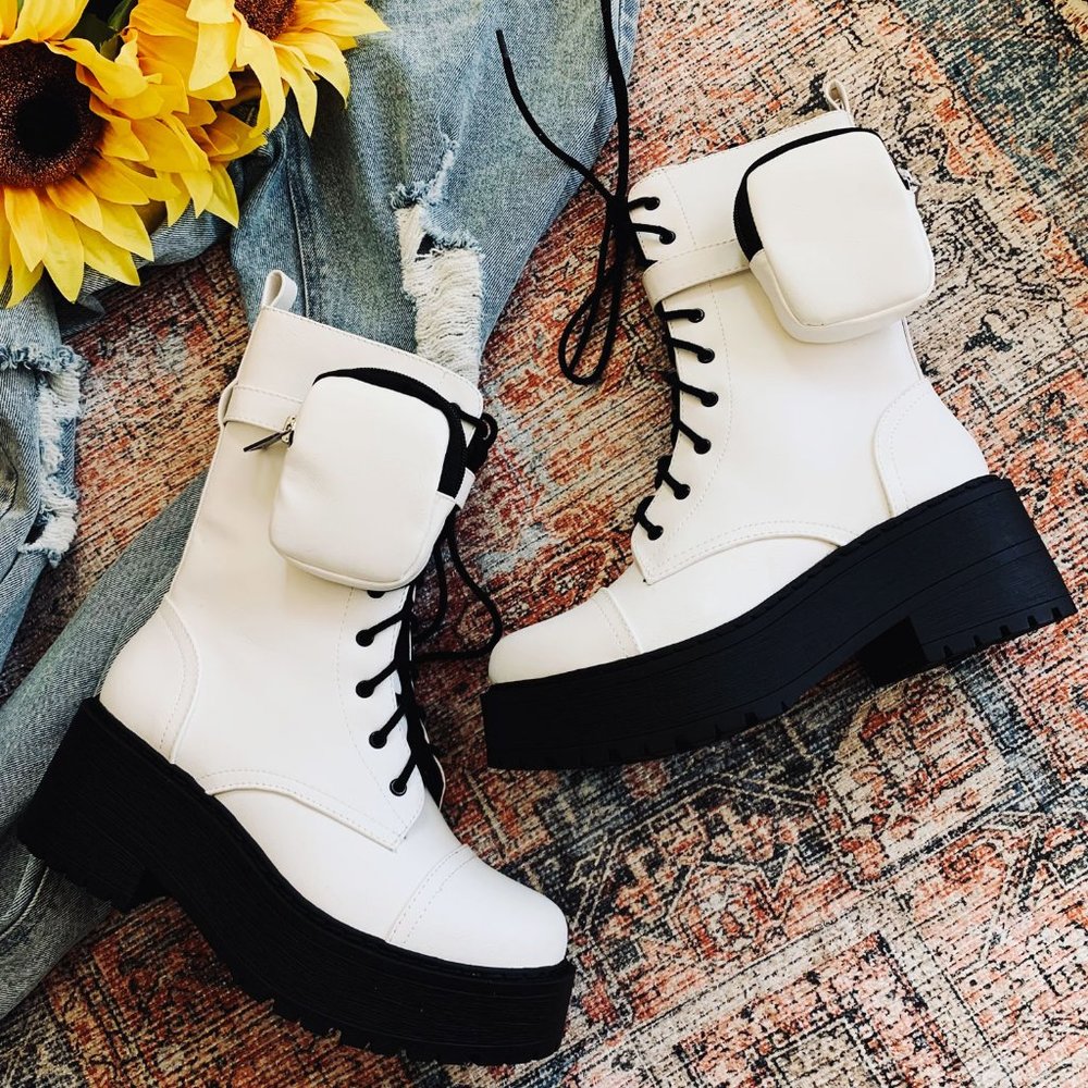 NEW🔥 White Lace-Up Combat Military Mid-Calf Boots w/Pocket Platform Block Heel